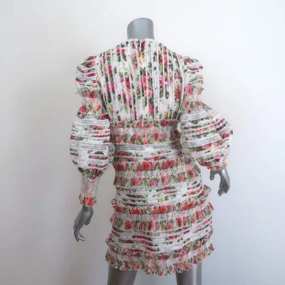 Zimmermann Billows Smocked Mini Dress White Floral Print Linen-Silk Size 1 - Picture 5 of 8